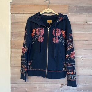 Driftwood embroidered teddy navy zip up hooded sweatshirt size medium nwt